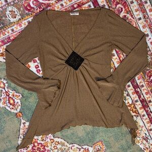 Y2K Vintage MKM Designs Brown & Black Flowy Bell Sleeve Babydoll Fairy Top